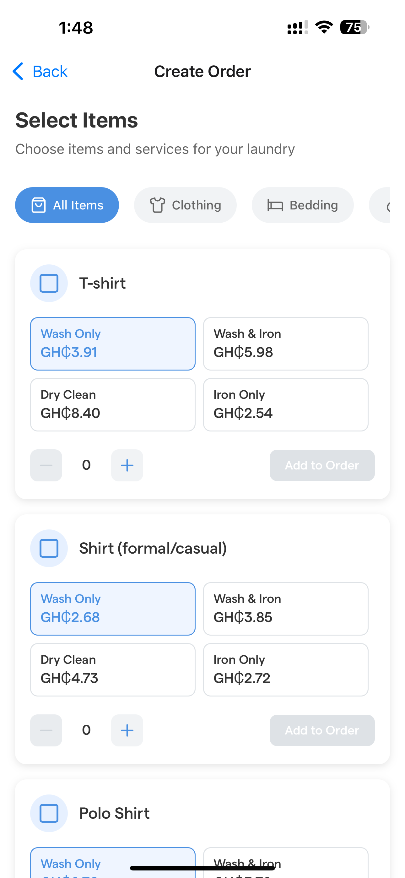 Create Order Screen - Select laundry items and services with transparent pricing
