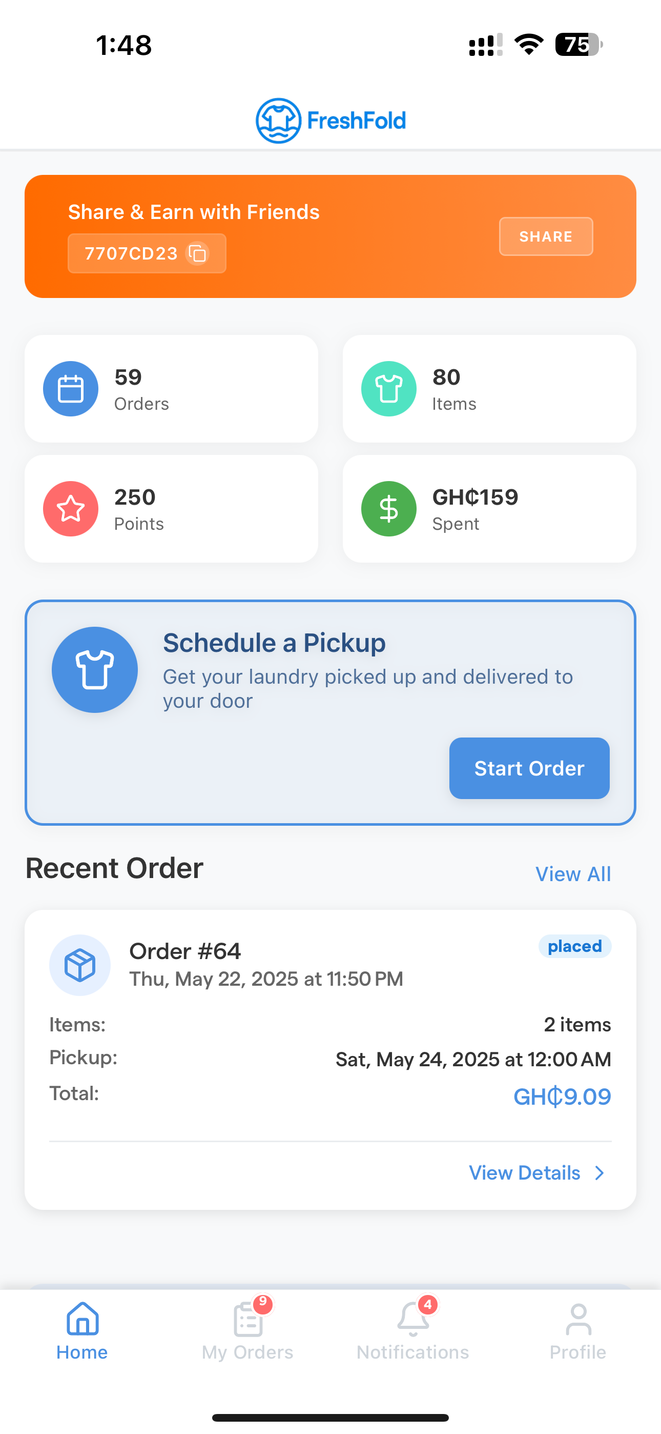 FreshFold Home Screen - Dashboard with order stats, referral program, and quick pickup scheduling