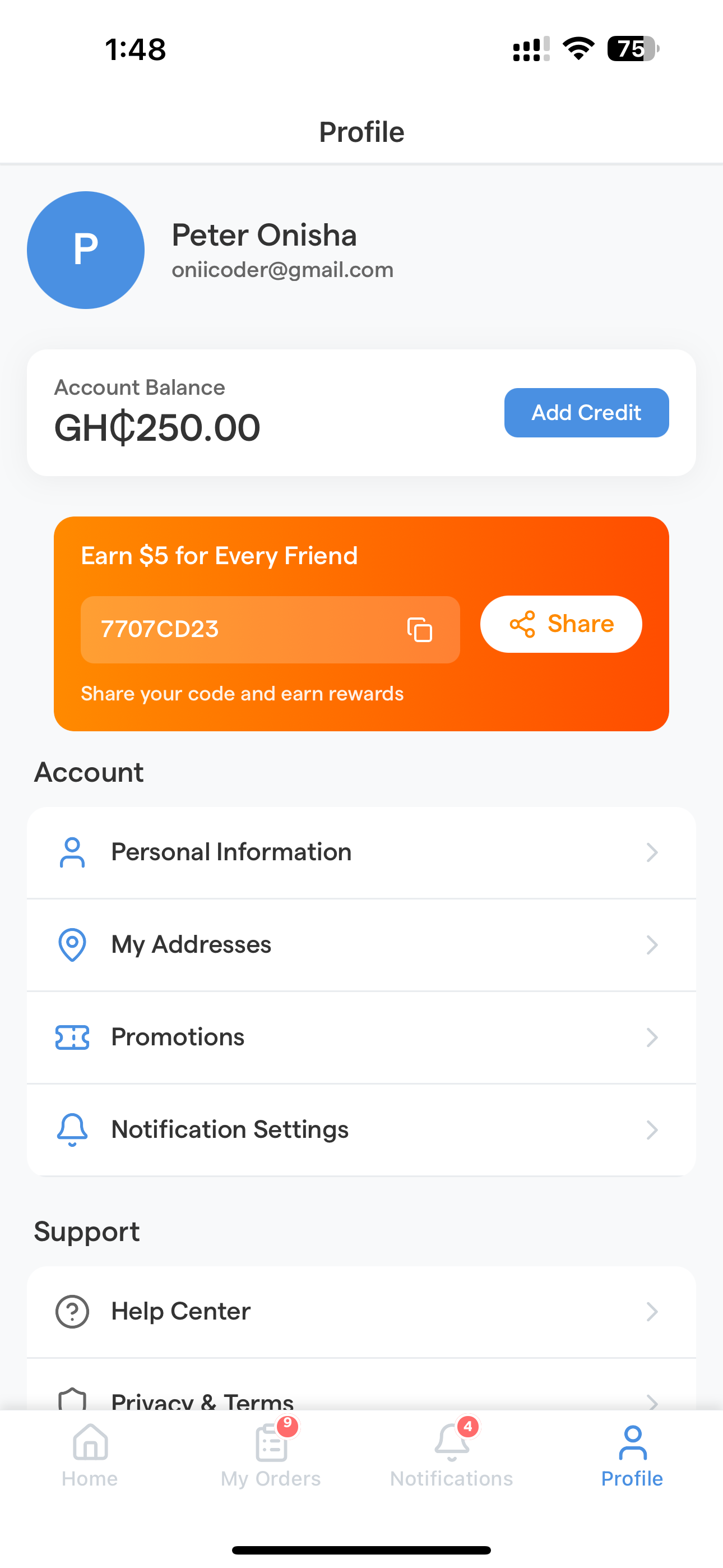 Profile Screen - Account management, balance, referral rewards, and settings